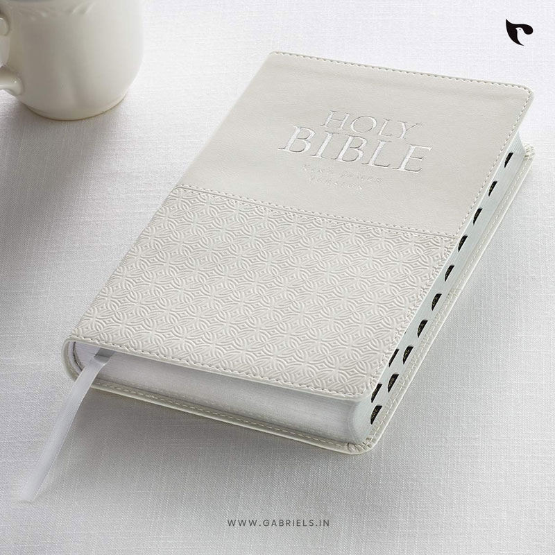 Bible_BBL-7_KJV-Holy-Bible-Standard-Size-Faux-Leathe_a.jpg KJV Holy Bible, Standard Size Faux Leather Red Letter Edition Thumb Index & Ribbon Marker, King James Version, White - Image 1